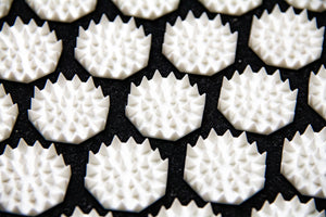 Close up photo of spikes on acupressure massage mat. Spikes are white and acupressure mat is black.